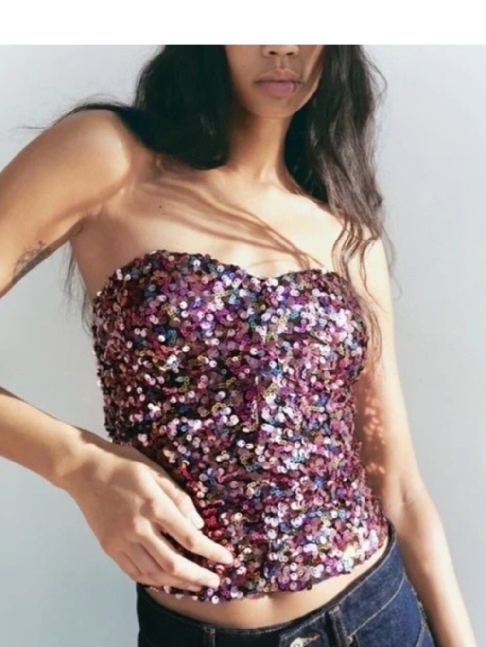 Zara Multicolor Sequin Strapless Corset Tube Top Bustier Holiday Size S